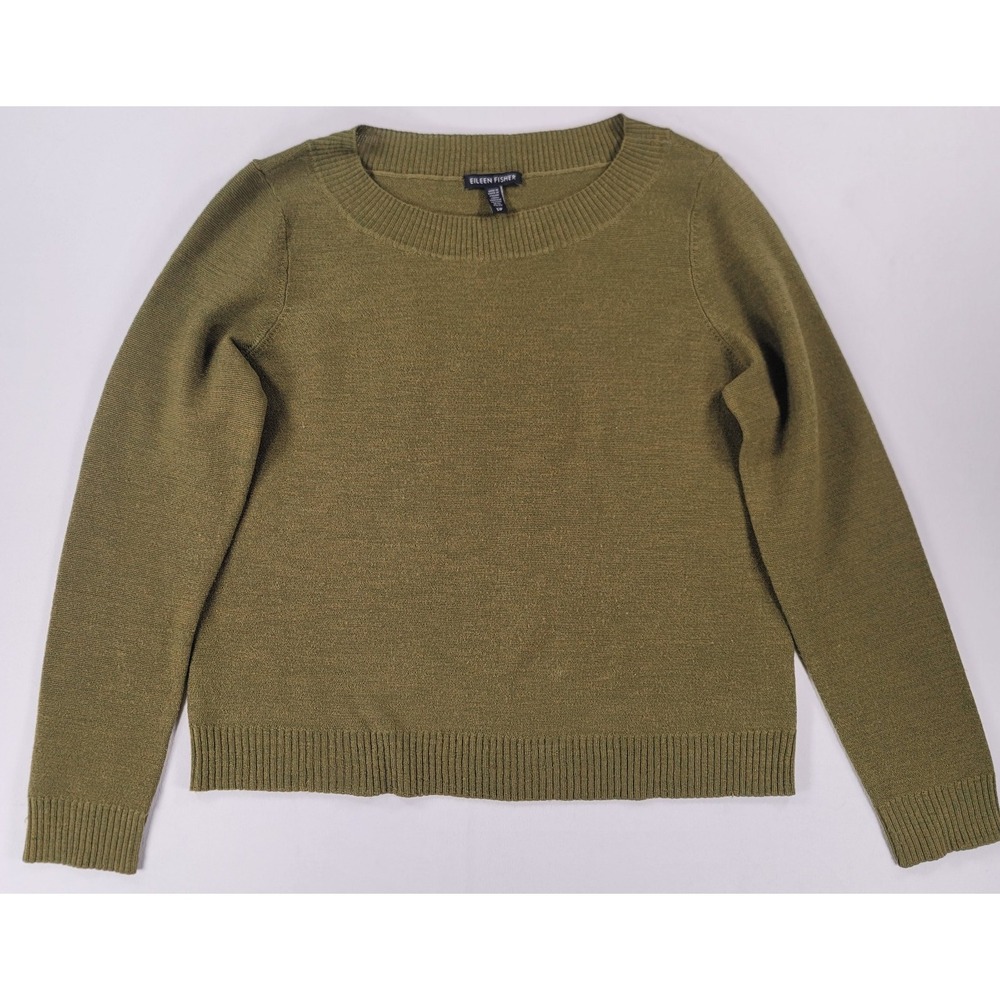 Eileen Fisher Merino Wool Sweater Womens SP Olive Green Crewneck Knit Top - Picture 3 of 6